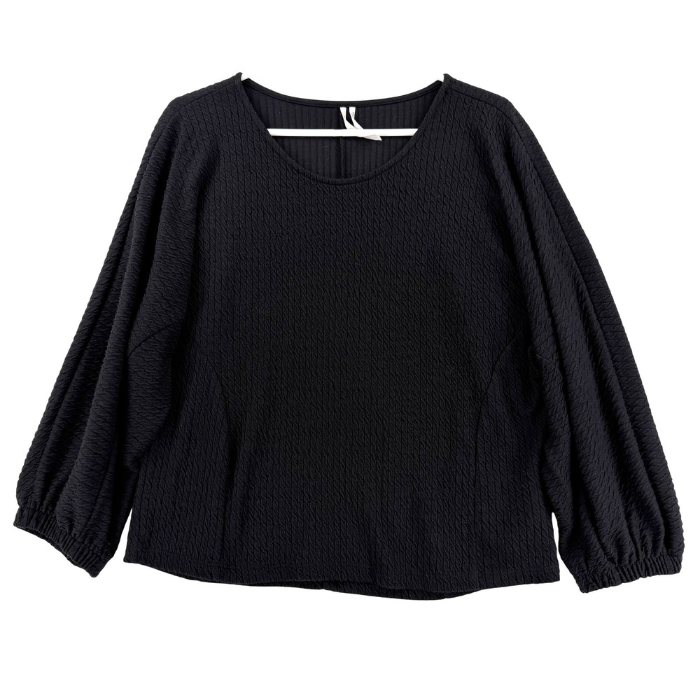 Anthropologie Blouse Womens Large Black Textured Knit Scoop‎ Neck Balloon Sleeve
